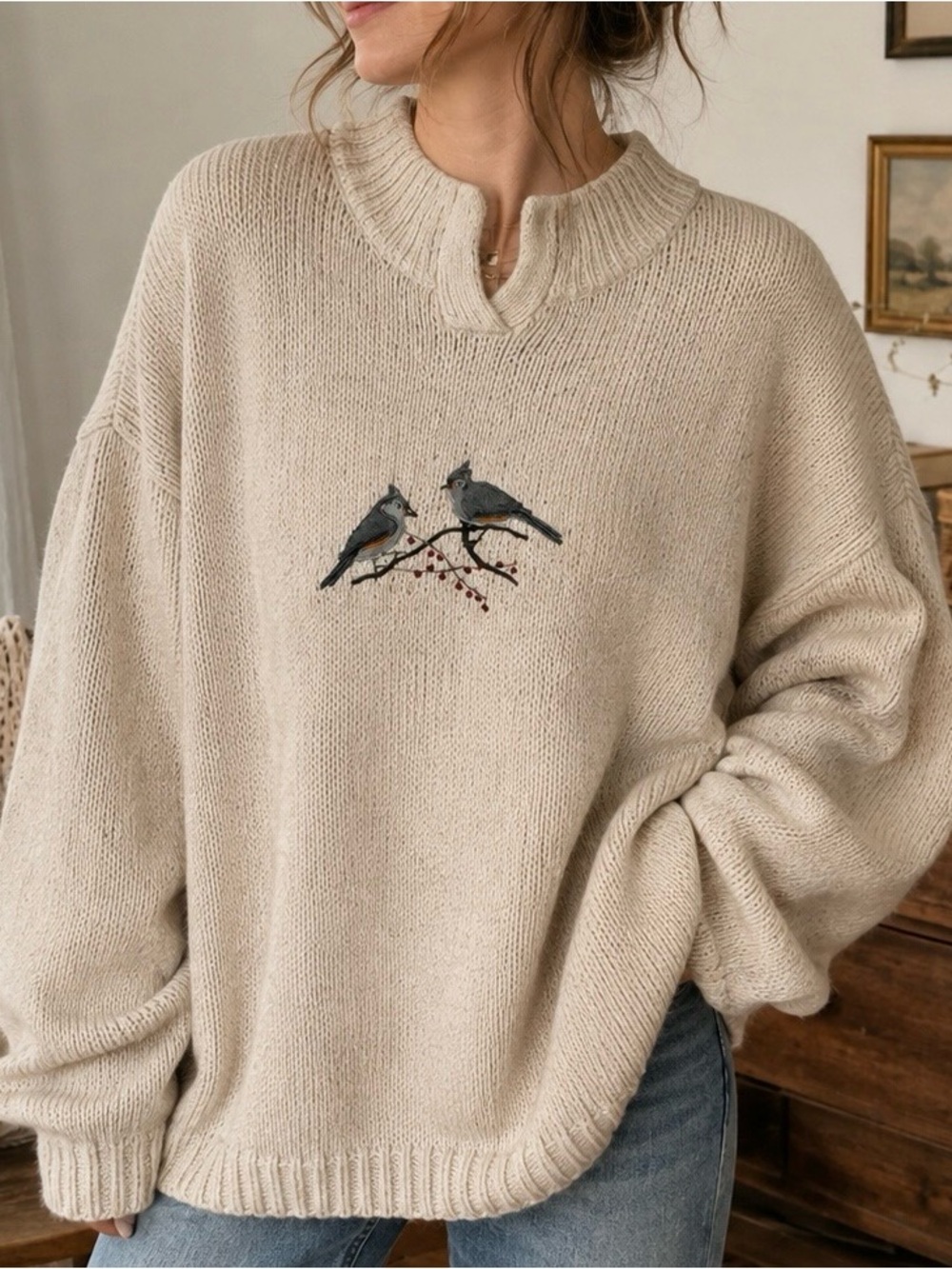 Woolrich Embroidered Bird Sweater Women’s XL Oversized Grandpa Cottagecore